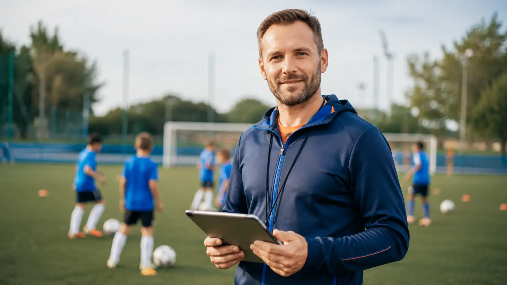 Treinador de futebol com um tablet num treino de crianças